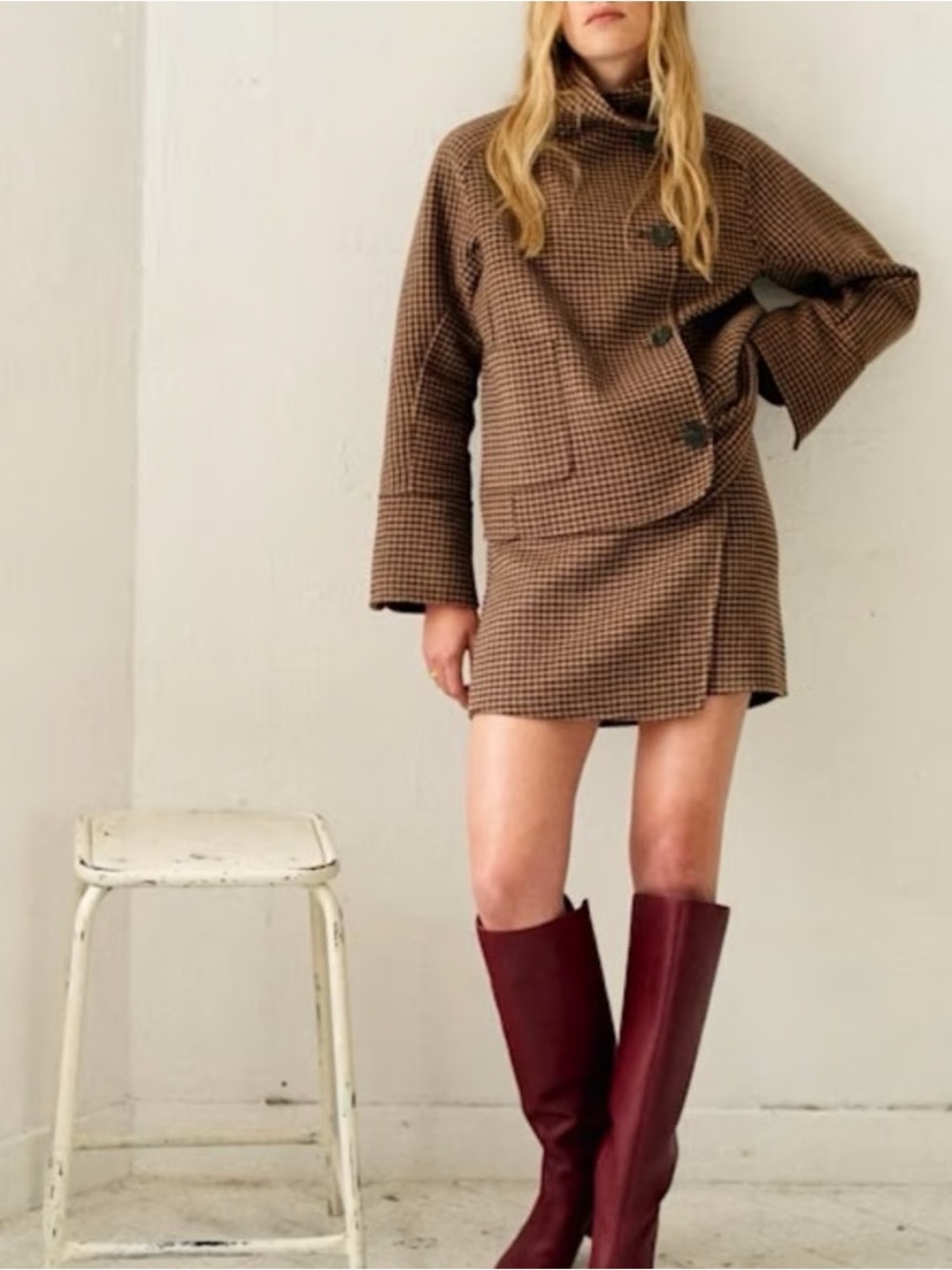 NWT Sézane Peter Skirt in Brown Houndstooth Size 2/34